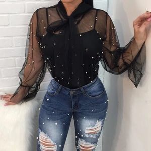 Pearl Embellished Sheer Top